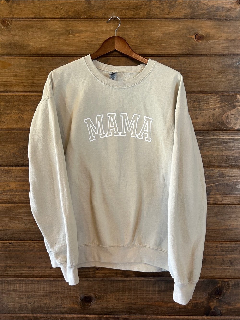 Gildan Beige Crewneck Sweatshirt with White MAMA Lettering